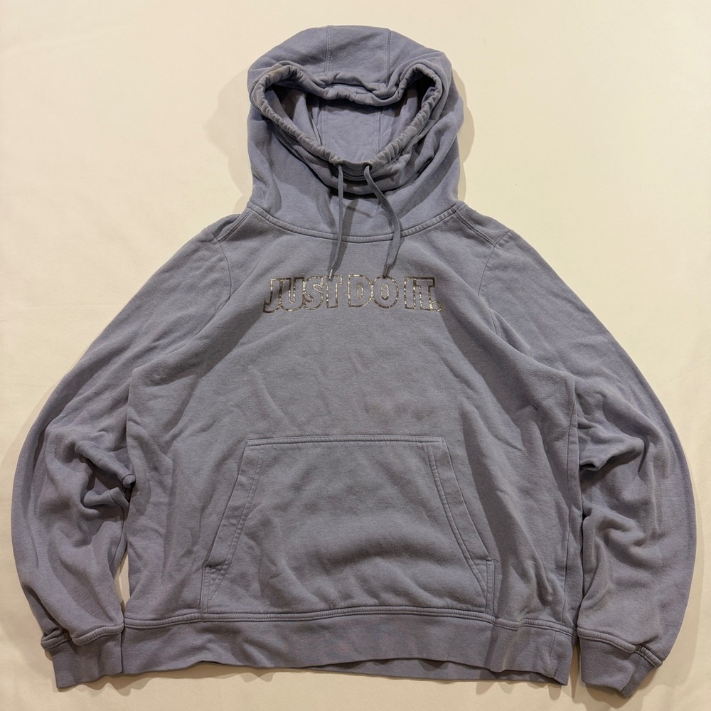 Nike Hoodie Women L Blue Gray Just Do It Glitter Graphic Pullover Funnel Neck